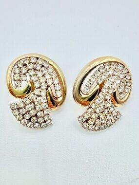 Vintage Gold Tone Rhinestone Swirl Statement Earrings
